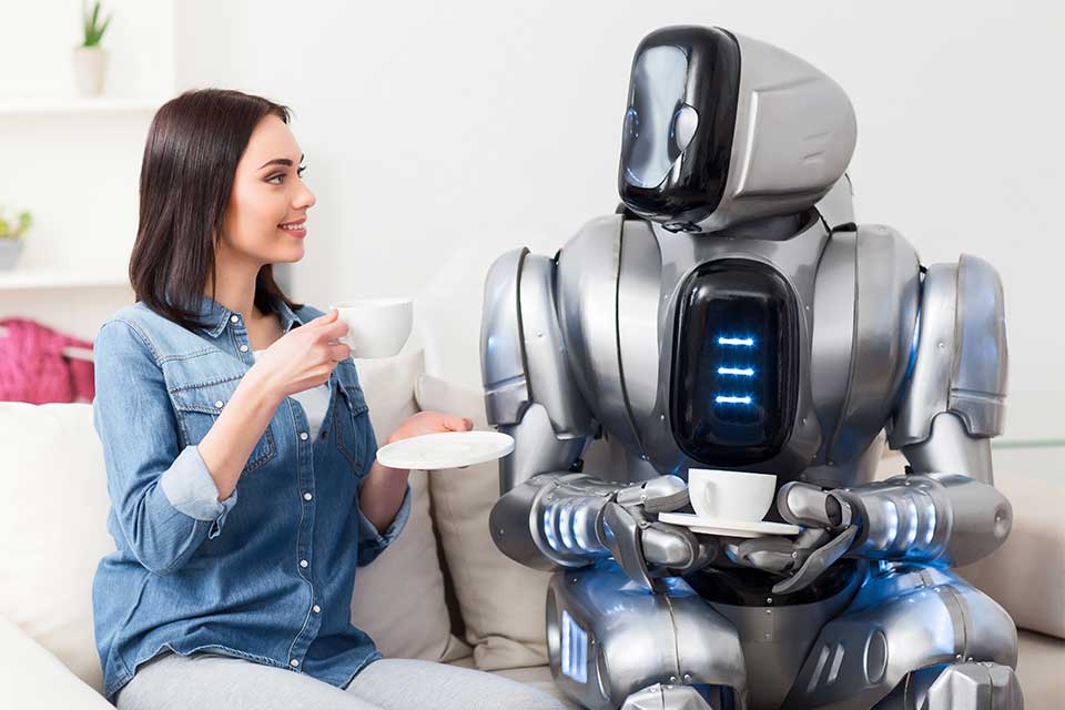 Article featured image metaphorically showing a woman talking to a robot as if having conversations with data